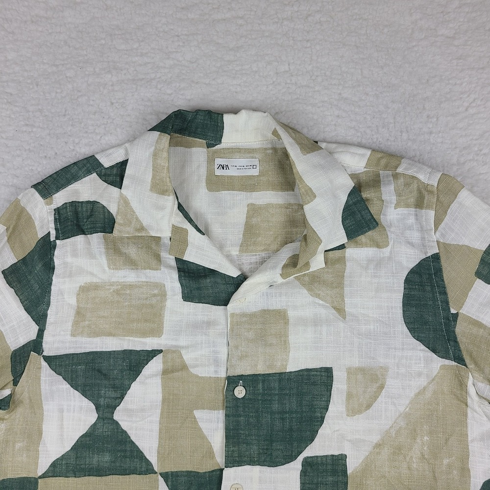 ZARA Shirt Mens XL Green Beige Geometric Linen Hawaiian Button Up Short Sleeve - Picture 2 of 11